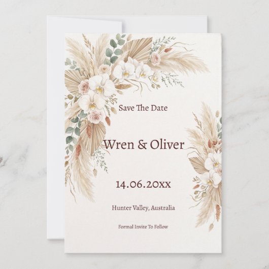 Boho-Pampasgras-Weiß-Orchideen-Karte zur Speicheru Save The Date (Vorderseite)