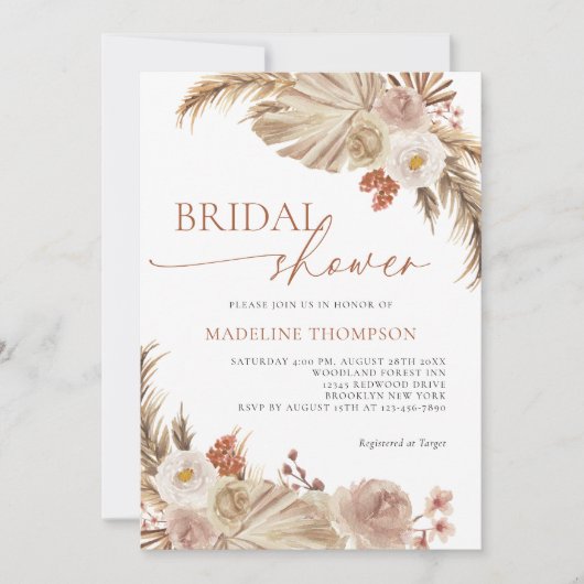 Boho Pampass Grass Modern Script Brautparty Einladung (Vorderseite)