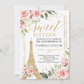 Boho Paris Eiffel Blütengrün rot Gold 16. Einladung (Vorderseite)