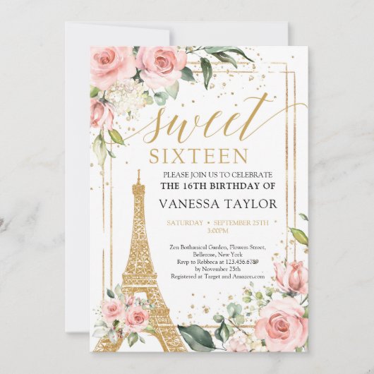 Boho Paris Eiffel Blütengrün rot Gold 16. Einladung (Vorderseite)