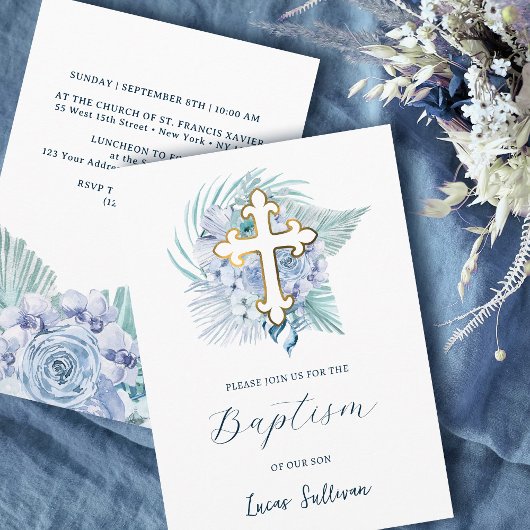 Boho Pastel Blue Bouquet Taufe Einladung