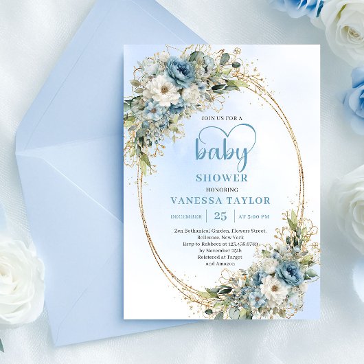 Boho Pastel Blue Floral Baby Shower Invitation Einladung
