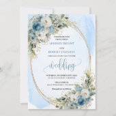 Boho Pastel Blue Floral Glitter wedding invite Einladung (Vorderseite)