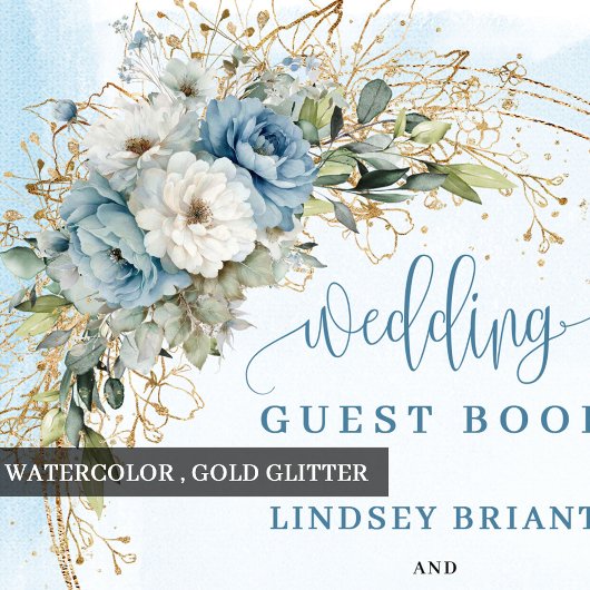 Boho Pastel Blue Floral Gold Glitter Wedding Sign Gästebuch