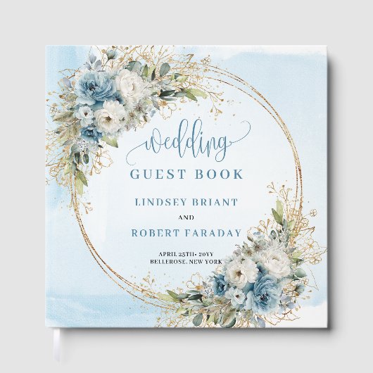 Boho Pastel Blue Flowers Gold Guest Book Gästebuch (Vorderseite)