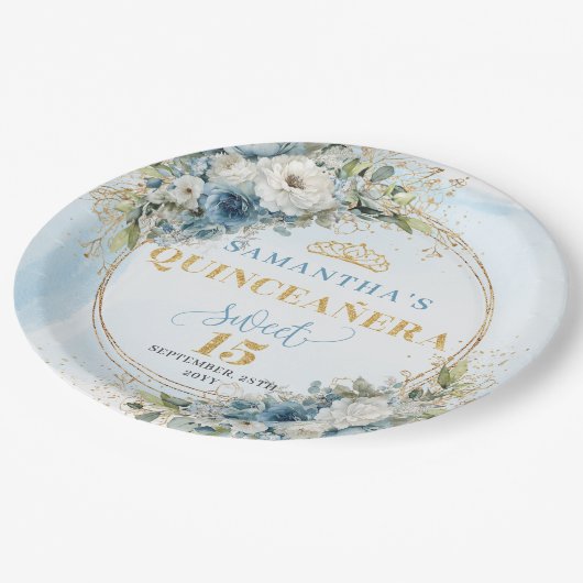 Boho Pastel Blue Flowers Gold Personalized Quince Pappteller (Schrägansicht)