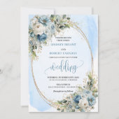 Boho Pastel Blue Flowers Gold Wedding Invite Einladung (Vorderseite)