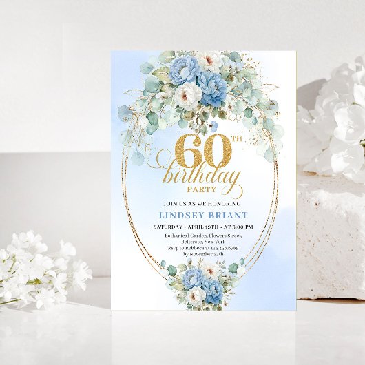 Boho Pastel Blue Peonies 60th Birthday Invitation Einladung