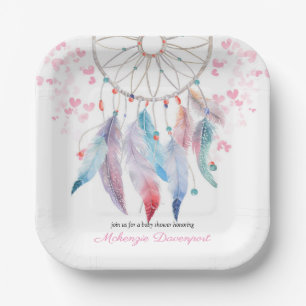 Boho Pastel Feathers Dreamcatcher Girl Baby Shower Pappteller