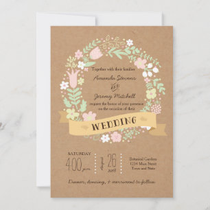 Boho Pastel Floral Wreath Rustikale Hochzeit Einladung