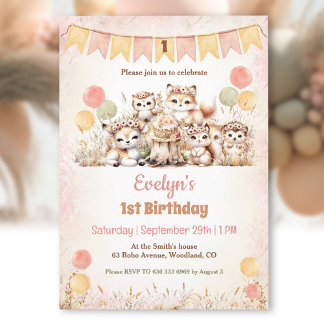 Boho Pastel Girl 1. Geburtstag Einladung
