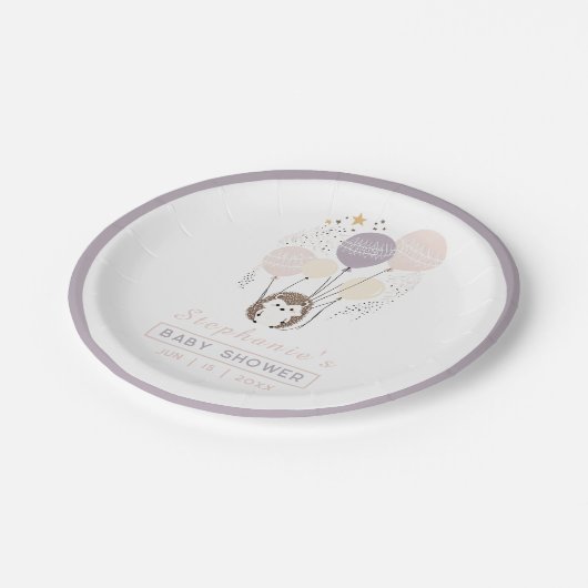 Boho Pastel Igel und Balloons Babydusche Pappteller (Schrägansicht)