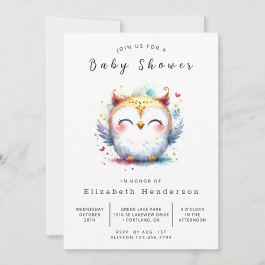 Boho Pastel Owl Babydusche Einladung (Vorderseite)