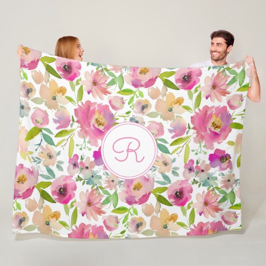 Boho Pastel Pink Green Floral Wasserfarbe Botanisc Fleecedecke (Beispiel)