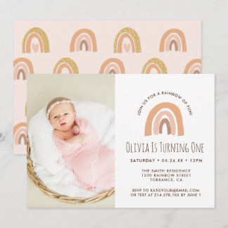 Boho Pastel Rainbow 1. Geburtstag Foto Einladung