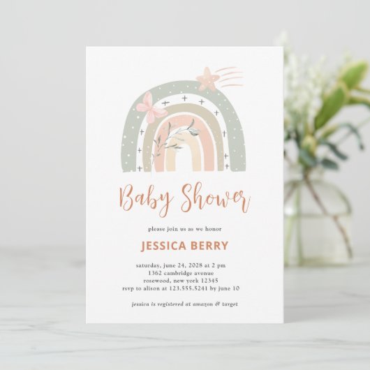 Boho Pastel Rainbow Baby Shower Einladung (Stehend Vorderseite)