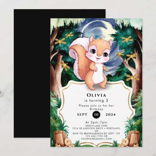 Boho Pastel Squirrel Birthday Einladung (Vorne/Hinten)