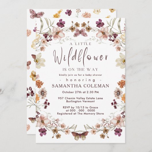 Boho Pastel Wildblume Thema Moderne Babydusche Einladung (Vorne/Hinten)