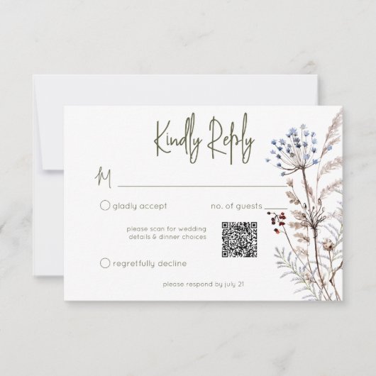 Boho Pastel Wildblumen Moderner QR-Code RSVP Karte (Vorderseite)