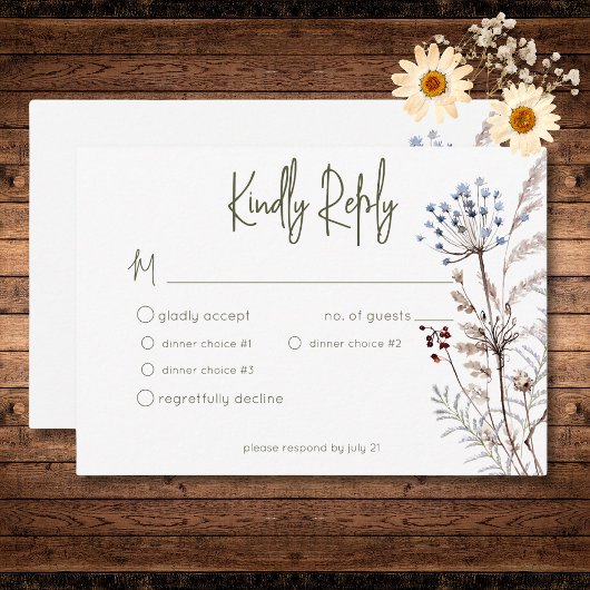 Boho Pastel Wildblumen Modernes, florales Drei-Din RSVP Karte
