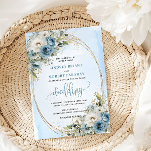 Boho Pastell Blau Floral Gold Hochzeits Einladung
