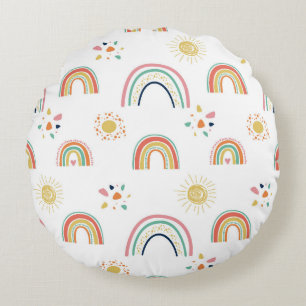 Boho-Pastell-Regenbögen und Sonnenstrahlen-Muster Rundes Kissen