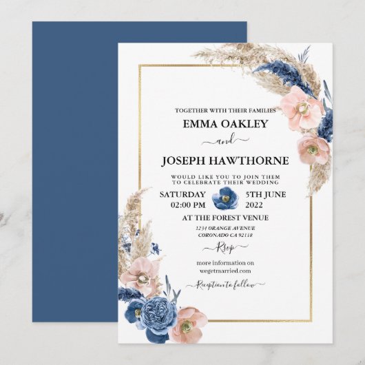 Boho pastellblau & rot schick florale Wedding Invi Einladung (Vorne/Hinten)