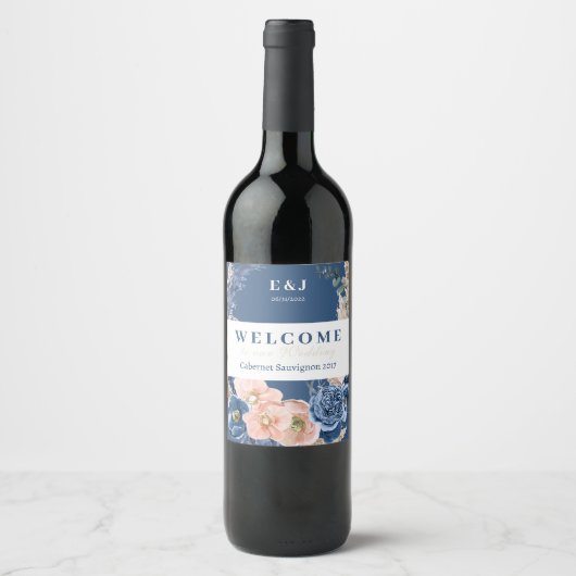 Boho pastellblau & rot schick Wedding "Welcome" Weinetikett (Vorderseite)