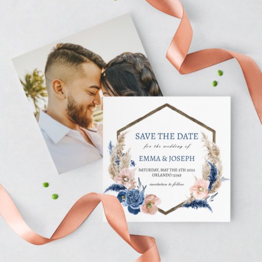 Boho pastellblau & rot schimmernd Save the Date Einladung