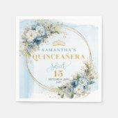Boho Pastellblaue Blumen Gold 15. Geburtstag Servi Serviette (Vorderseite)