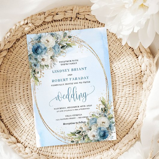 Boho-Pastellblaue Blumen-Hochzeitseinladung mit Gl Einladung