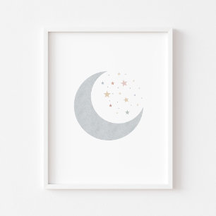 Boho Pastellmond und Sternenblauer Druck Poster