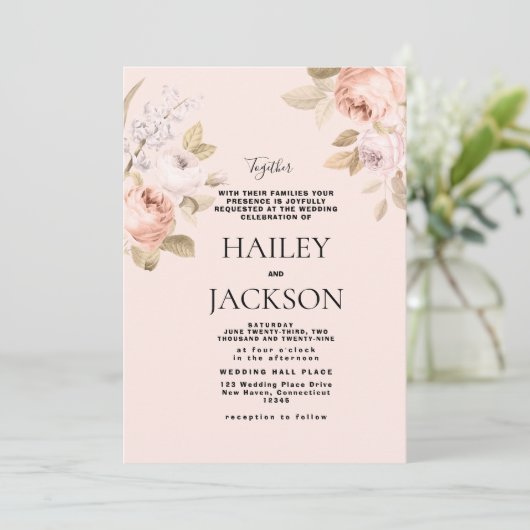 Boho pastellrosa braune rustikale Blumenhochzeit Einladung (Stehend Vorderseite)