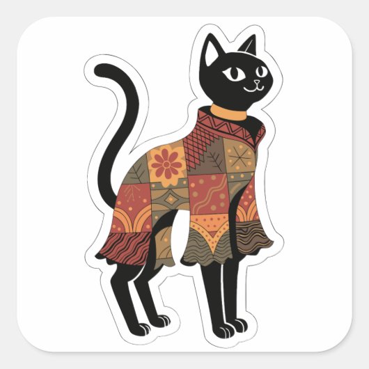 Boho-Patchwork-Katze, Volksgut-Sticker Quadratischer Aufkleber (Vorderseite)