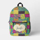 Boho Patchwork Quilt and Heart Shape Personalisier Bedruckter Rucksack (Vorderseite)