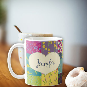 Boho Patchwork Quilt and Heart Shape Personalisier Kaffeetasse