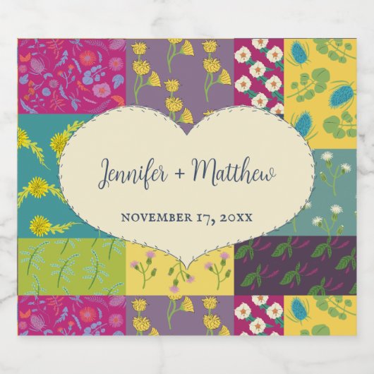 Boho Patchwork Quilt and Heart Shape Wedding Schaumweinetikett (Einzelnes Label)