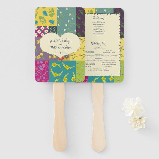 Boho Patchwork Quilt Maximalist Wedding Program Fächer (Vorne und Hinten)