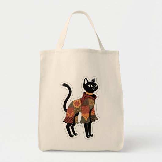 Boho-Patchwork-Schwarze-Katze-Folk-Art-Tasche Tragetasche (Vorne)