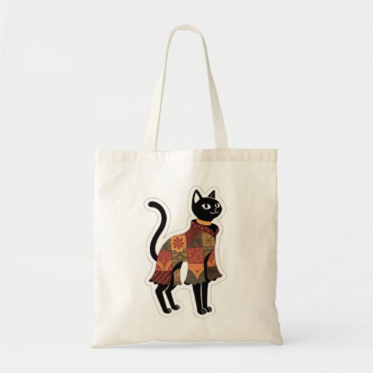 Boho-Patchwork-Schwarze-Katze-Folk-Art-Tragetasche Tragetasche (Vorne)