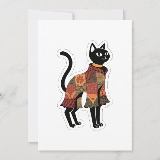 Boho-Patchwork-Schwarze-Katze-Grußkarte Einladung (Vorderseite)