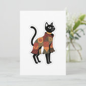 Boho-Patchwork-Schwarze-Katze-Grußkarte Einladung (Stehend Vorderseite)