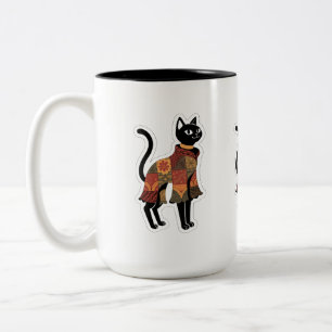 Boho-Patchwork-Schwarze-Katzen-Kaffeetasse Zweifarbige Tasse