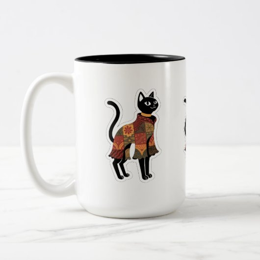 Boho-Patchwork-Schwarze-Katzen-Kaffeetasse Zweifarbige Tasse (Links)