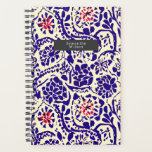 Boho Pattern Blau und Rot Planer<br><div class="desc">Blau mit roten Akzenten Aquarell inspiriert boho Muster. Personalisieren Sie den Namen im grauen Rechteck vorne.</div>