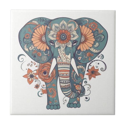 Boho Pattern Floral Elephant Fliese (Vorderseite)