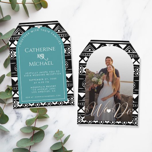 Boho Pattern Foto Arch Green Hochzeitsempfang Einladung