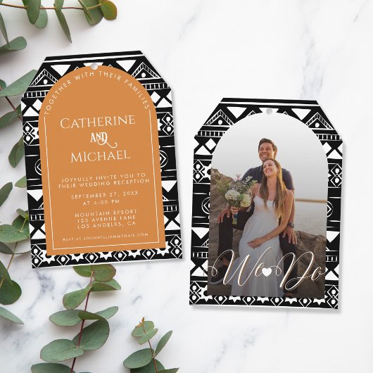 Boho Pattern Foto Arch Orange Hochzeitsempfang Einladung