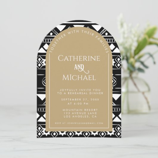 Boho Pattern Hochzeit Arch Gold Probe Dinner Einladung (Stehend Vorderseite)