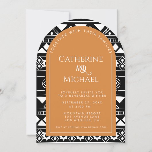 Boho Pattern Hochzeit Arch Orange Probe Dinner Einladung (Vorderseite)